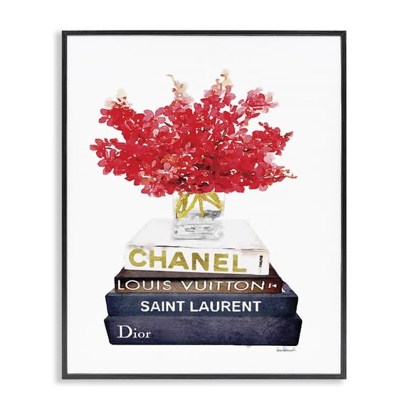 Stupell Industries Contemporary Fashion Designer Red Flower Bookstack Watercolor Black Framed Giclee Art, 11 x 14, by Amanda Greenwood