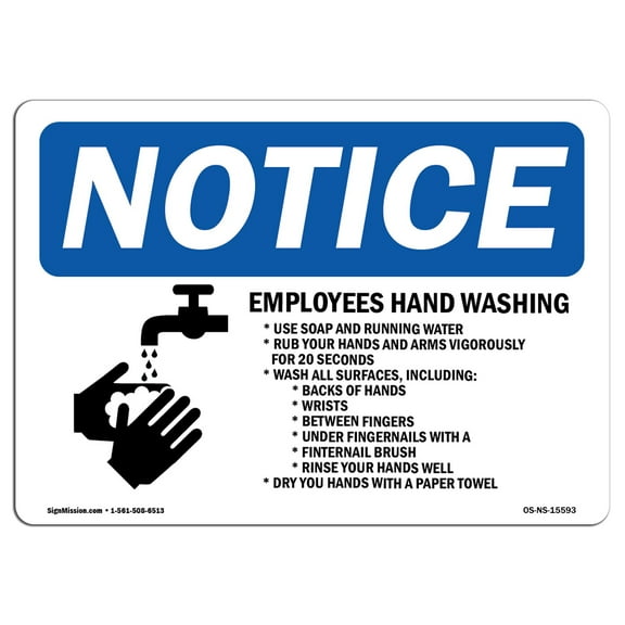 SignMission OS-NS-A-1218-L-15593 12 x 18 in. OSHA Notice Sign - Employee Hand Washing