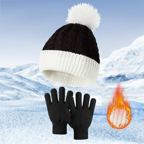 Tittly Winter Hats Beanie Women's Daily Routine Hairball Knitted Hat Christmas Hat Hat Gloves Two Piece Set Skull Caps Hats for Women Black One Size