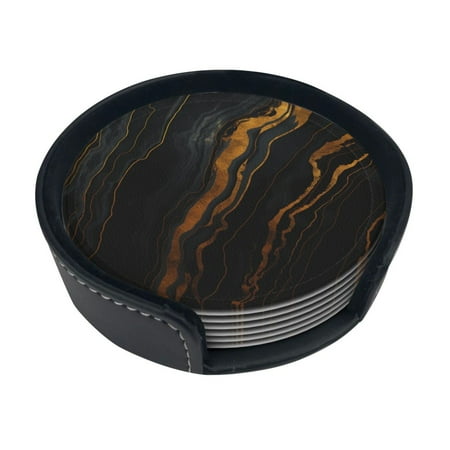 

6 Pieces Of Round Leather Coasters Anti-Fouling And Anti-Ironing Coasters Suitable For Home Restaurants Kitchen Offices And So On Marble Black Gold Gradient
