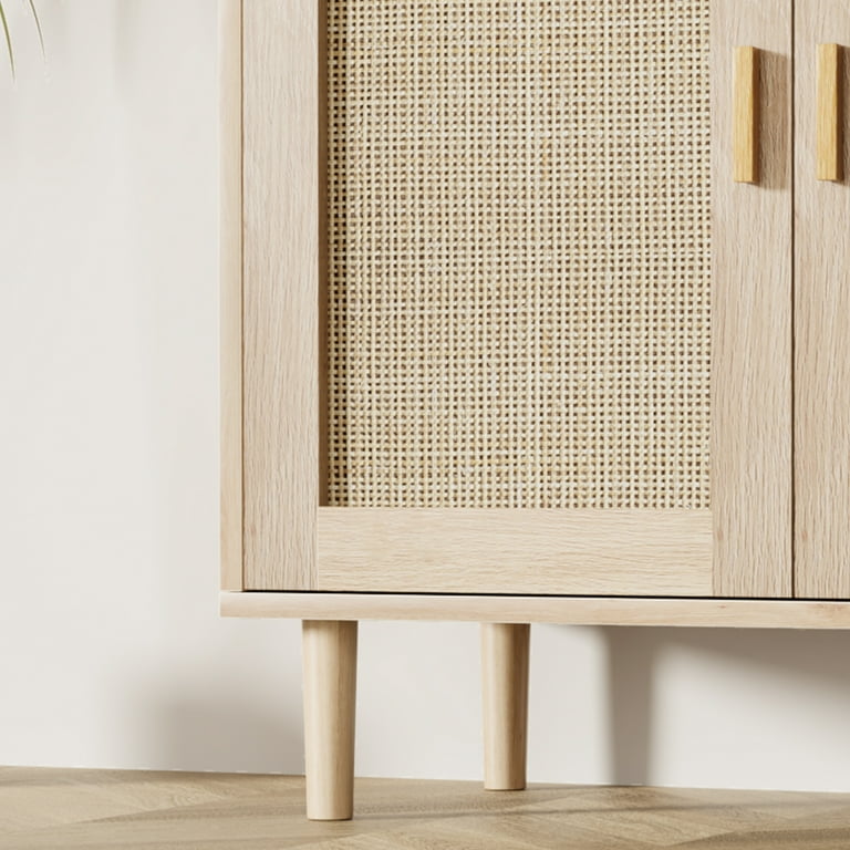CREATIVE HOBBIES Rattan Buffet Cabinet with Storage 2 Door Kitchen Storage Cabinet with Shelves Wood Sideboard Cabinet for Kitchen Shoe Cabinet