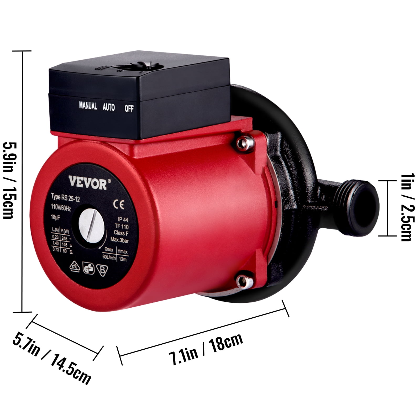 VEVOR Recirculating Pump, 245w 110v Water Circulator Pump, Automatic Start  Circulating Pump NPT 1 w/Brass Fittings, Heavy-duty Cast Iron Pump Head,  Two Control Mode for Electric Water Heater System 