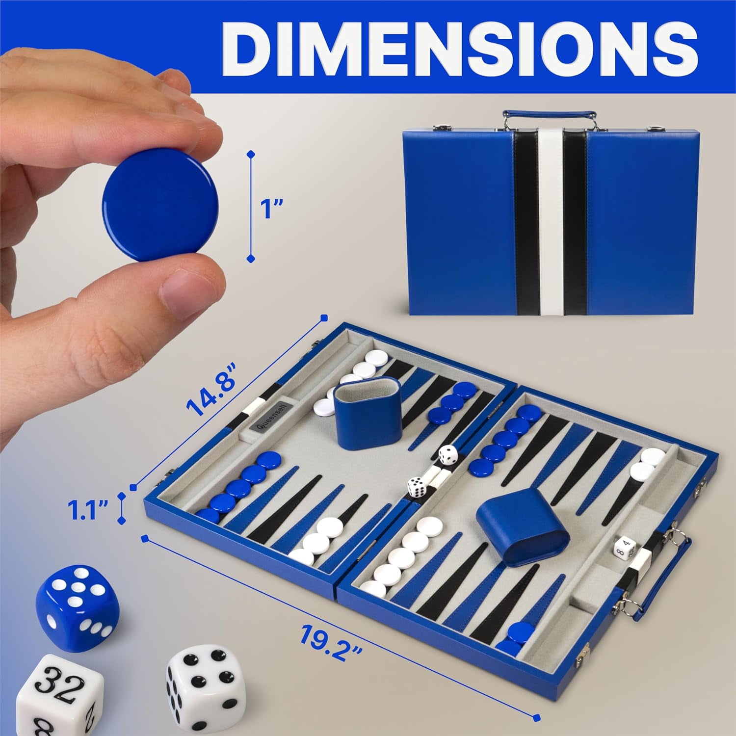 Queensell Backgammon Board Game Set – 15 inch Blue PU Leather for Adults