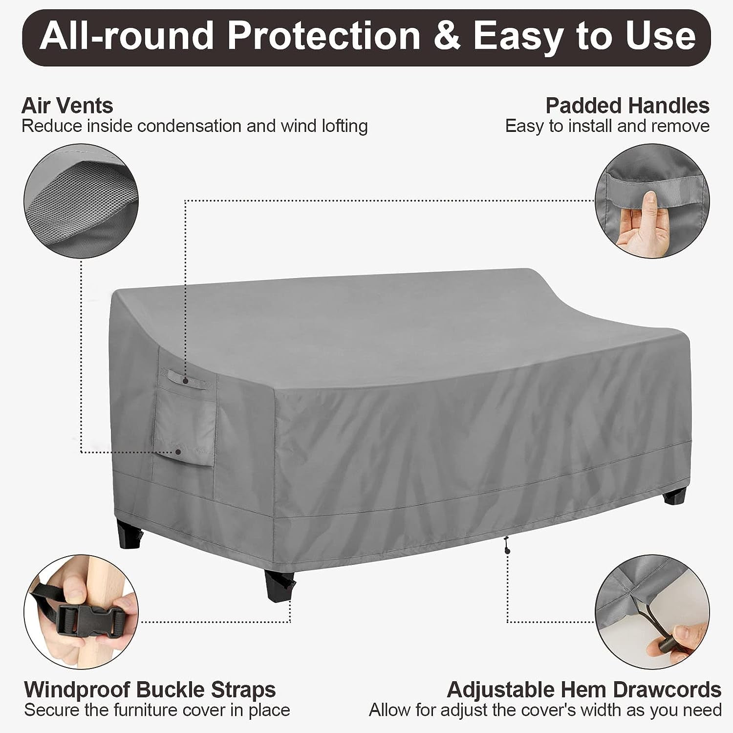 Outdoor Couch Cover Waterproof Patio Sofa Furniture Covers, 2-Seater Outdoor Loveseat Cover with Air Vent and Handles, 60W x 35D x 35H Inches, Black