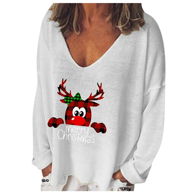 Mode Femme Décontractée Imprimé Col en V Ample Manches Longues T-shirt Haut Blouse Chandail