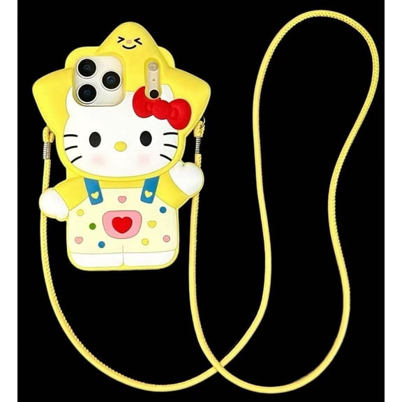 Cute 3D Yellow Star Hello Kitty Phone Case with Lanyard, Cartoon Silicone Protective Cover for iPhone 17 Pro Max 13 14 15 16 Plus, Kawaii Crossbody Strap Case for Women Girls