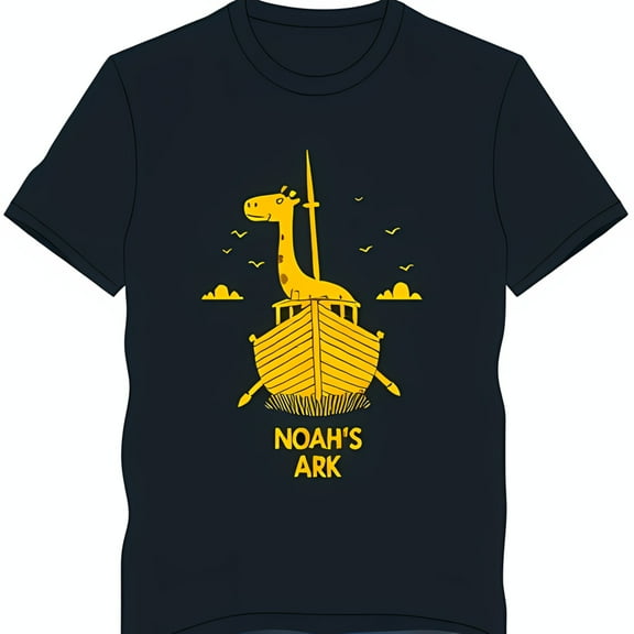 Black T-Shirt with Cheerful Giraffe on Boat Design 'Noah's Ark' Theme
