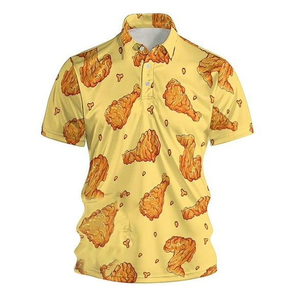 Men Polo Fried Chicken Print Thin Breathable T Shirts Quick Dry Collar Short Sleeve Classic Fit Casual Tshirts Shirts for Men
