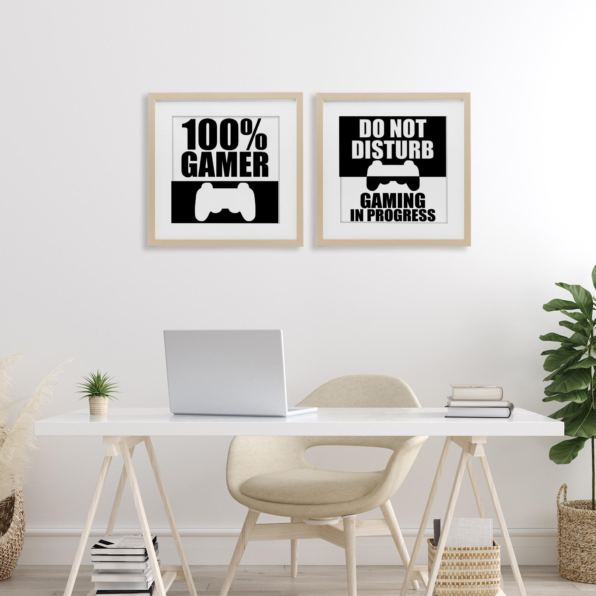 Competitive Gamer Black & White 2 Piece Birch Framed Print Under Glass Set, design by Kim Allen