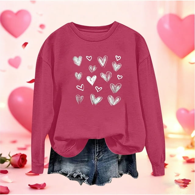 Mceream Chandails de la Saint-Valentin pour Femmes Mode Décontractée Imprimé Cœur Graphique Manches Longues Chemises Surdimensionnées Col Rond Chandail Hauts Grande Taille Rose Vif m