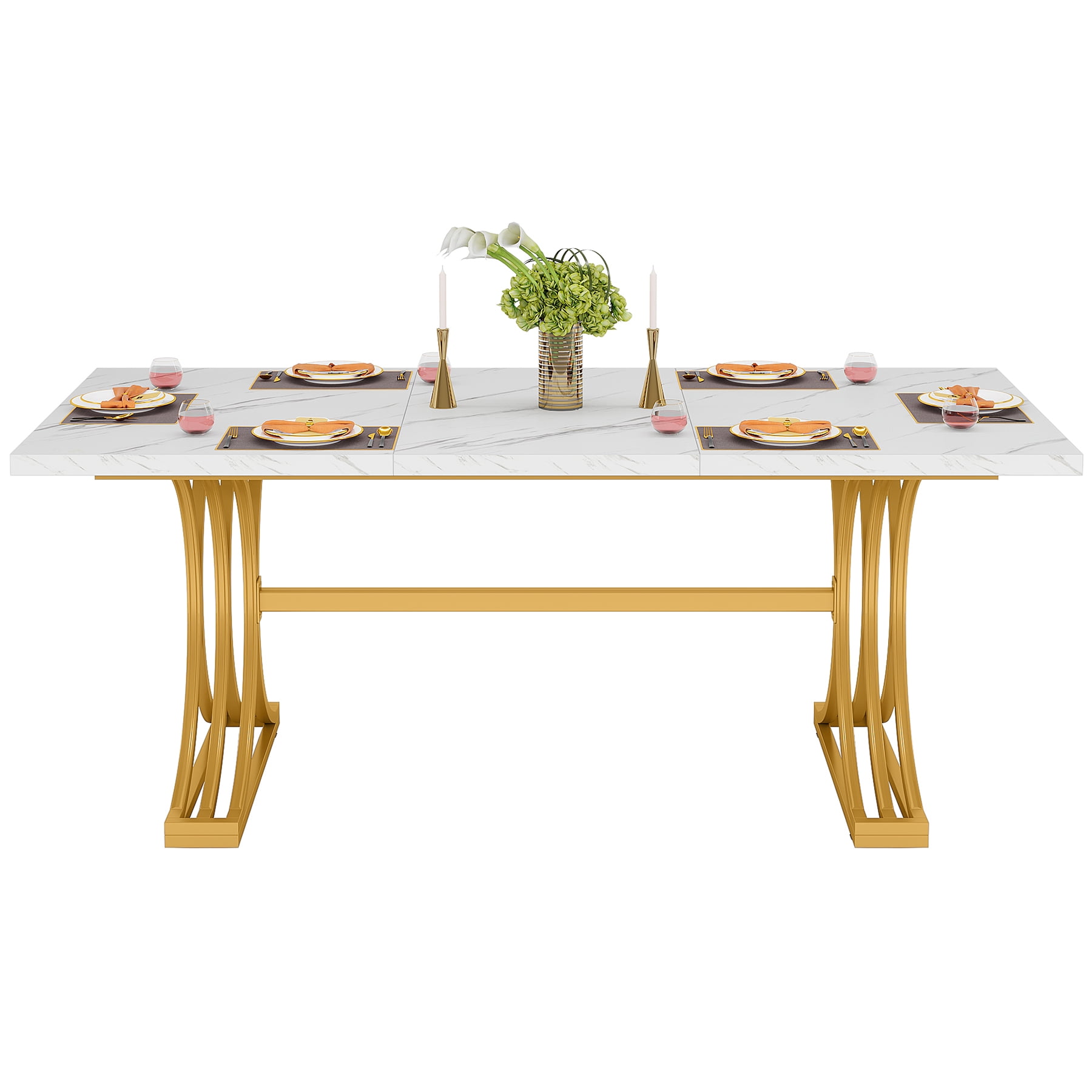 Fnova 63" Modern Dining Table, Rectangular White Faux Marble Top Kitchen Table, Stylish Metal Trestle Legs, Seats 4 to 6 for Dining Room & Kitchen, Living Room