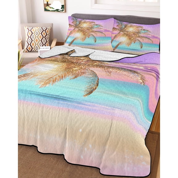 Coastal Twin XL Size Down Alternative Comforter, Lightweight Comforter Quilt Bedding Set with Pillow Shams Ocean Palm Tree Summer Beach Purple Blue All Seasons Bed Comforter Duvet Insert 68"x98"