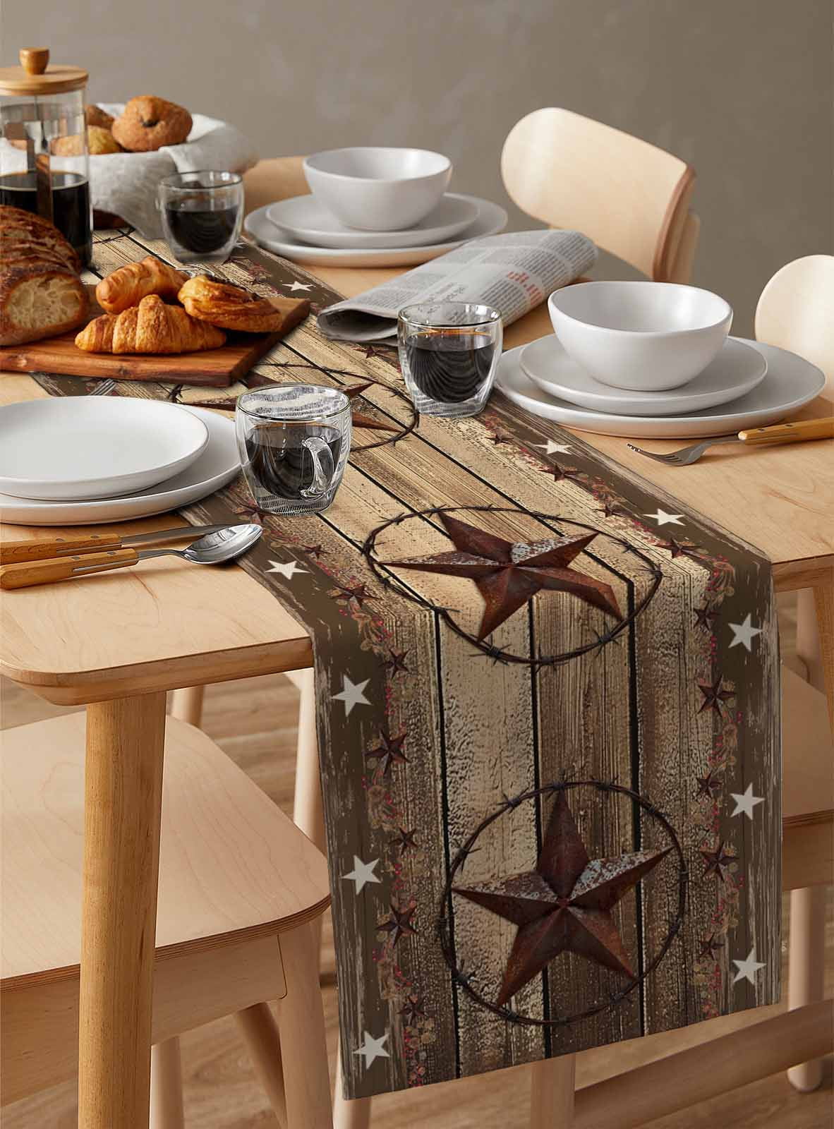 Rustic Country Table Runner 48 Inches, Western Stars Brown Texture Wooden Print Bed Runner Dresser Scarves Tabletop for Indoor Outdoor Parties/Ceremony/Banquet, 13" x 48"