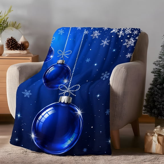 Christmas Ball Throw Flannel Blanket Winter Dreamy Country Blue Snowflake Bow Tie Stars Super Soft Cozy Bed Blanket, Lightweight Plush Fuzzy Bed Throw for Bedroom Sofa Couch Living Room 40x60In