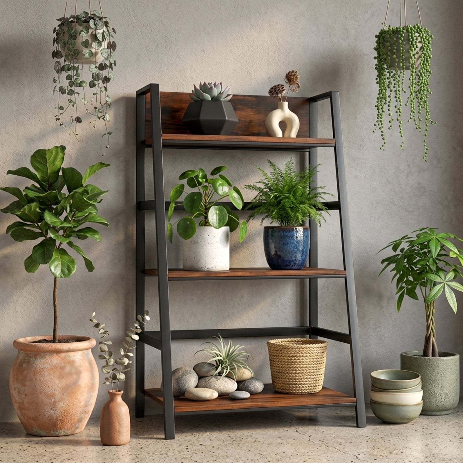 Furnibear 3-Tier Ladder Industrial Bookshelf with Metal Frame for Living Room Home Office Bedroom Display Storage Shelf, Coffee