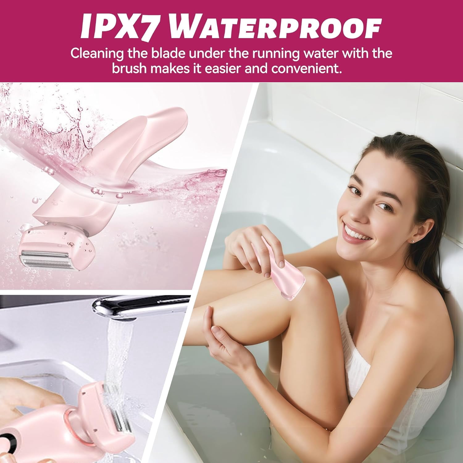 Electric Razor for Women, 2 in 1 Wet & Dry Painless Removal Shaver with Detachable Head, Base and LED Display, IPX7 Waterproof Long Battery Life Hair Removal for Underarm ArmBikini Legs Face (Pink)