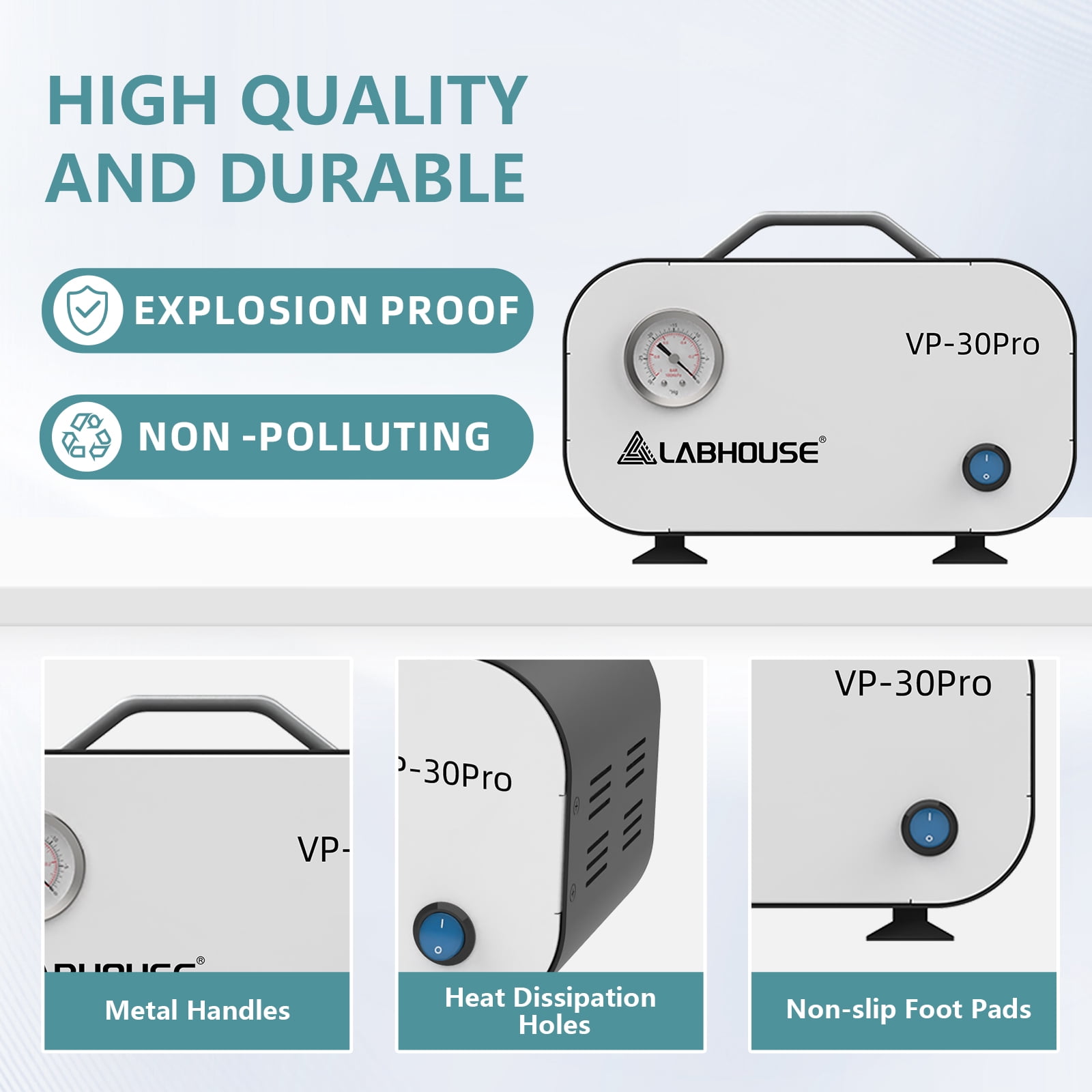 LABHOUSE Lab Vacuum Filtration Pump VP-30PRO, Pressure Adjustable Diaphragm Oil Free Pump 30L/min Positive & Negative Pressure with Rubber Tube for Laboratory