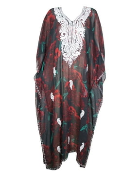 Mogul Women Plus Size Sheer Georgette Long Summer Beach Dress Cover Up Floral Print Caftan Dresses