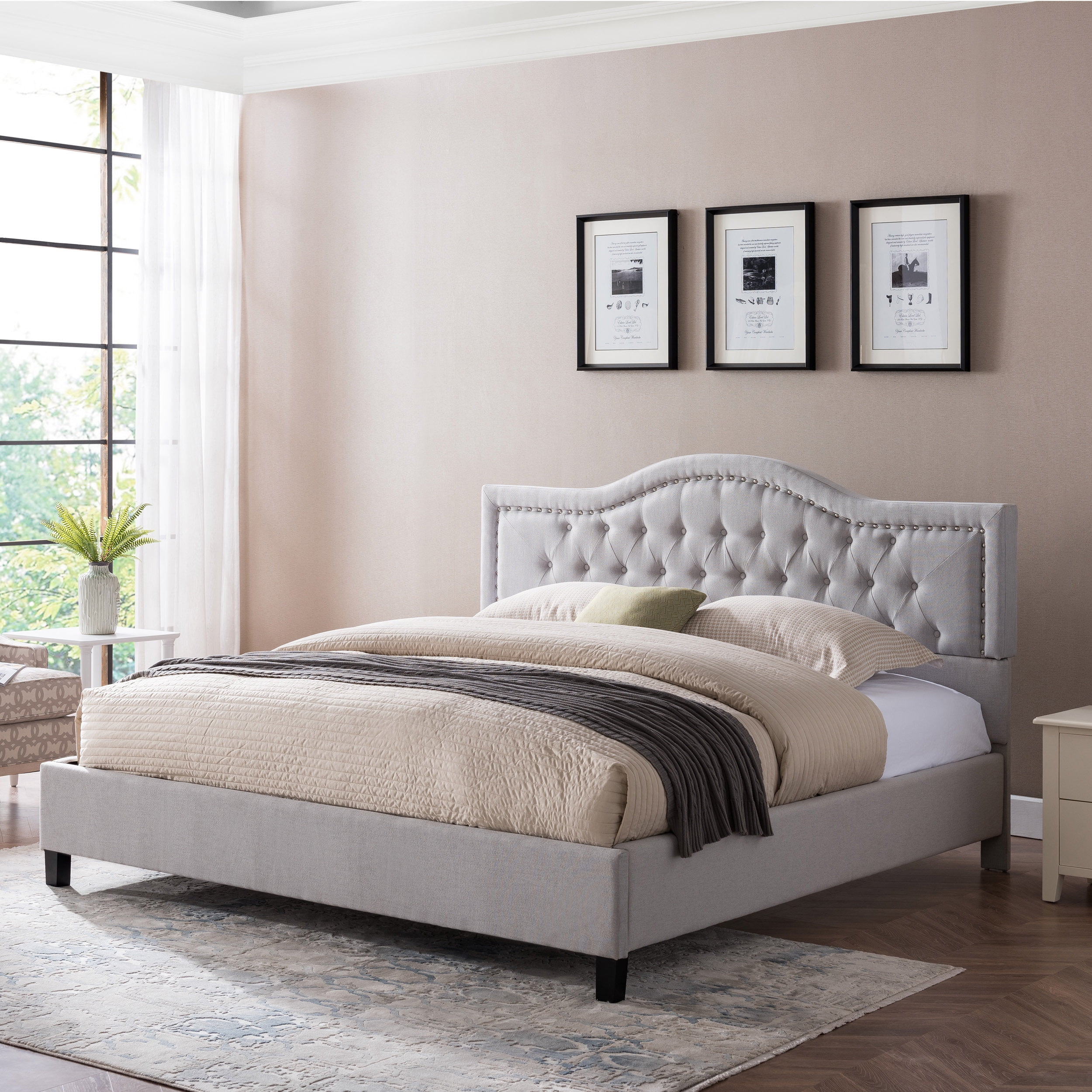 Noble House Camdyn Traditional Fully Upholstered King Sized Bed Frame Light Gray Dark Brown Walmart Com
