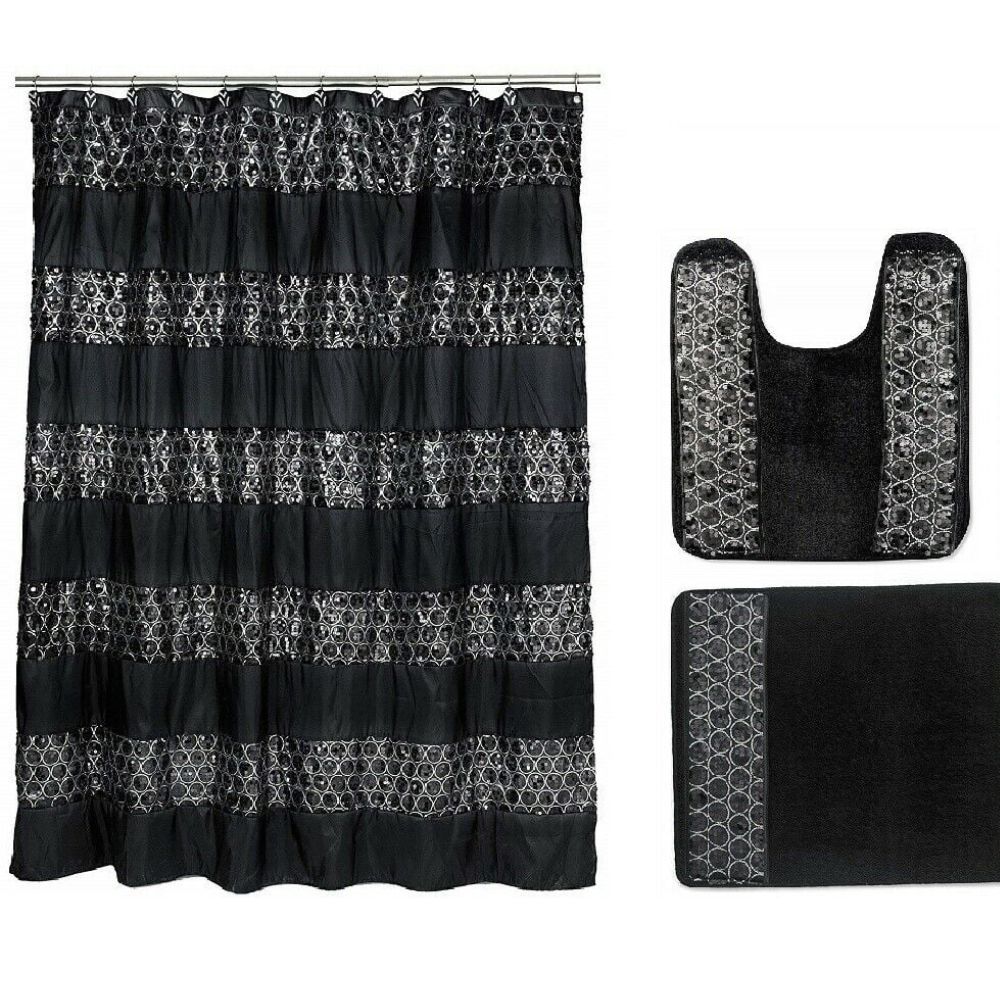 7 Piece Sinatra Black Shower Curtain, Resin Shower Hooks, 2 Rugs and Towel Set