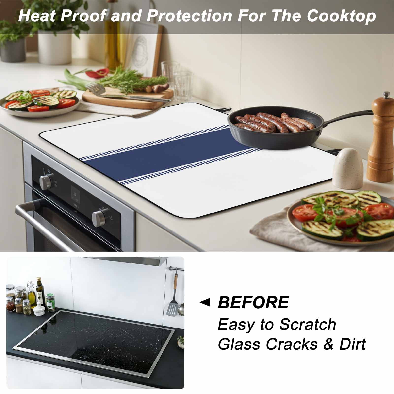 Blue Solid Color Texture Stove Top Cover for Electric Stove, Heat-proof & Non Slip Glass Top Stove Cover Protector, Simple Blue Pattern Kitchen Flat Cooktop Rubber Mat 24x21 Inches