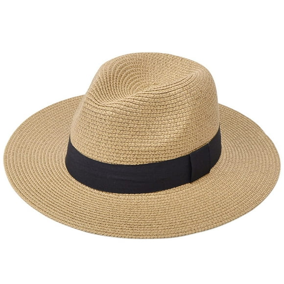 DRESHOW Sombrero panamá de paja para mujer, sombrero de viaje Fedora para playa, sombrero para el sol, sombrero enrollable de paja de ala ancha UPF 50+