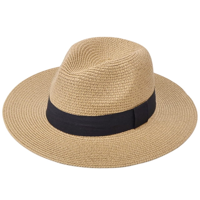 DRESHOW Sombrero panamá de paja para mujer, sombrero de viaje Fedora para playa, sombrero para el sol, sombrero enrollable de paja de ala ancha UPF 50+