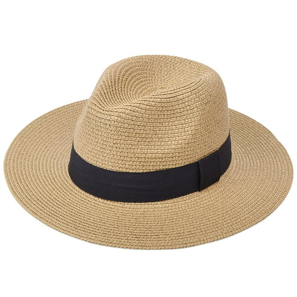 DRESHOW Sombrero panamá de paja para mujer, sombrero de viaje Fedora para playa, sombrero para el sol, sombrero enrollable de paja de ala ancha UPF 50+