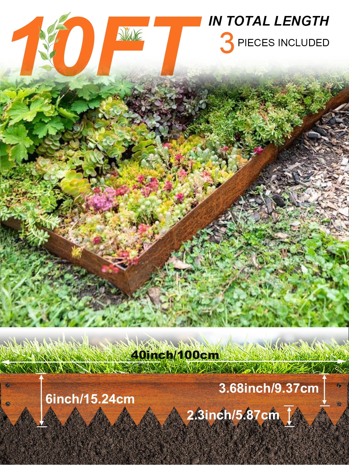 Vinci Landscape Edging Border, 40" L x 6" H 3Pack 10FT Total Rusted Corten Steel Garden Edging with Spikes, Sturdy Elegant Metal Lawn Broder for Flower Beds, Pathways, Paver Edges and Yard