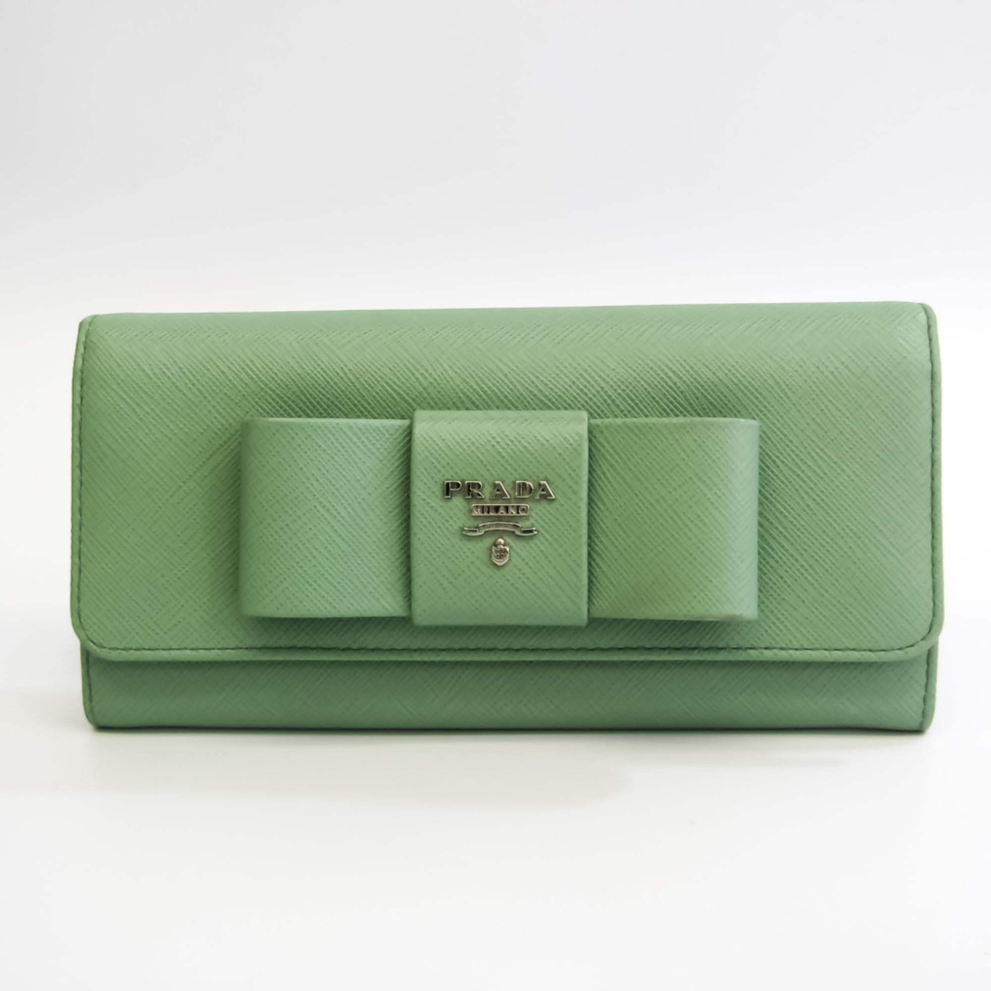 Authenticated Used Prada Saffiano Ribbon Women's Leather Long Wallet  (bi-fold) Lime Green 