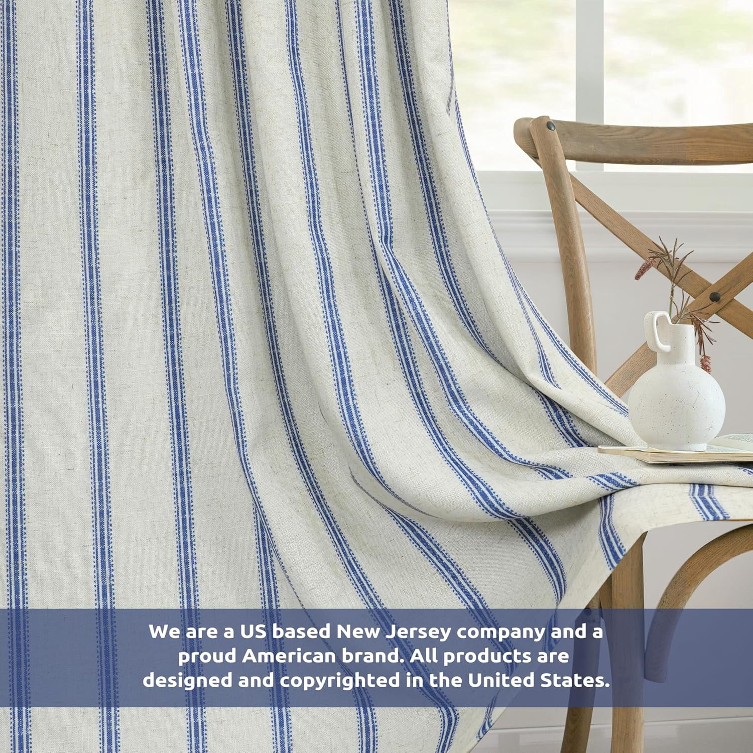 DriftAway Farmhouse Linen Blend Blackout Curtains for Bedroom Double Layers Striped Printed Linen Curtains Thermal Insulated Rod Pocket Back Tab Treatment for Living Room 2 Panels W52 x L72 Navy