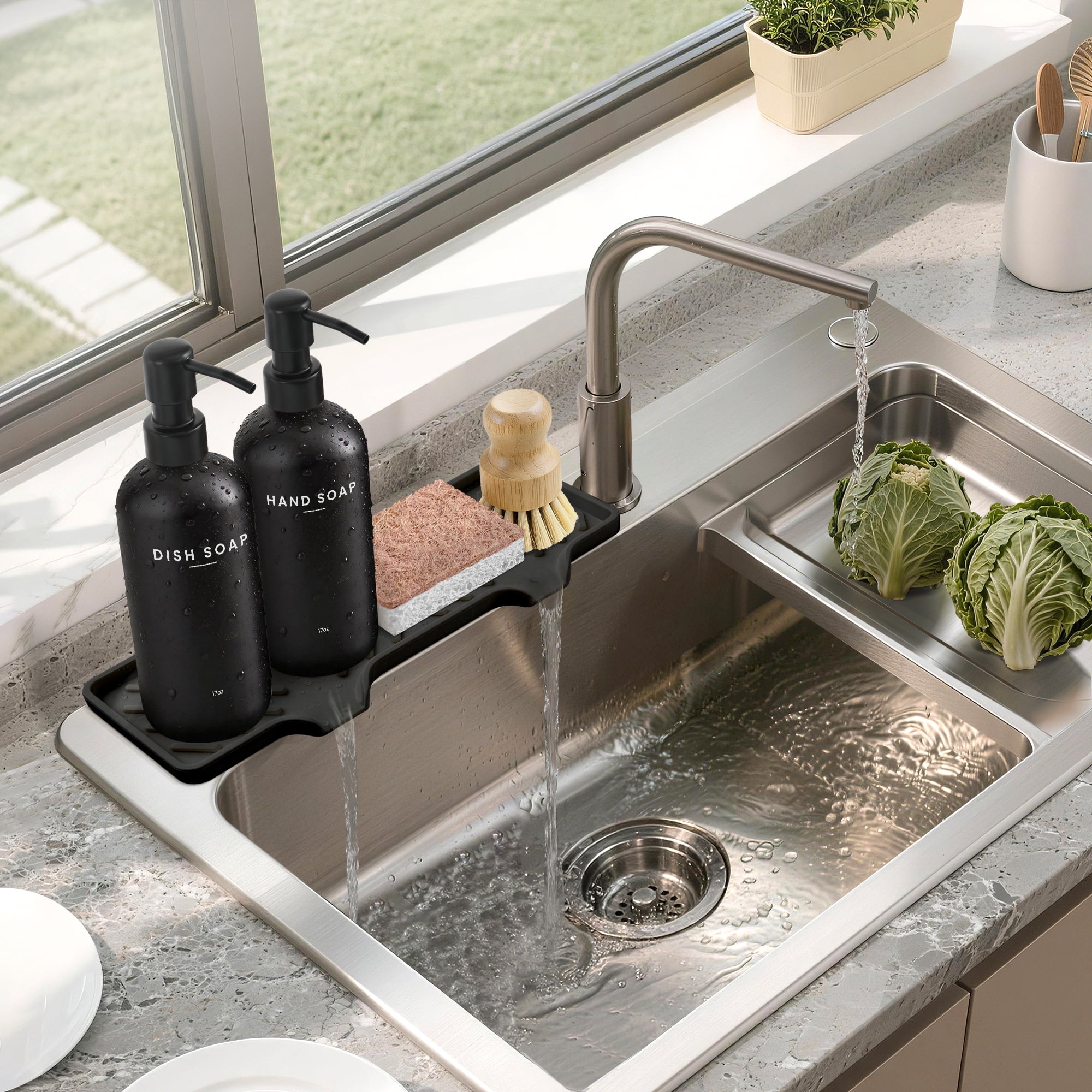 Kitchen Soap Dispenser Set - 17fl oz Glass Bottle, Stainless Steel Pump, Instant Dry Tray and Dish Brush for Bathroom, Office, Hotel, Modern Kitchen Decor & Accessories, Black