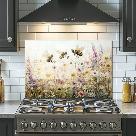 Bees and Flowers Tempered Glass Backsplash For Kitchen Behind Stove,Stove Back Top Cover,Easy to Clean Glass Splashback, Sink Cover Splash Guard,Home Kitchen Wall Decor