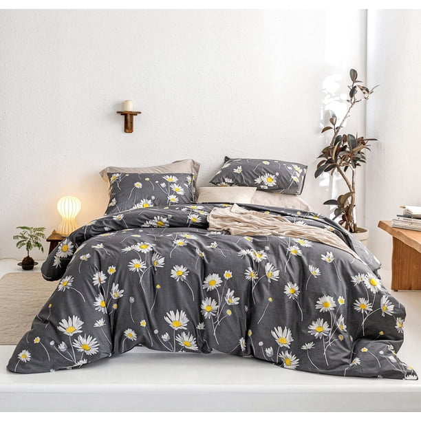 Floral Funda Nórdica Reina 100% Algodón Granja Flor Gris Funda Nórdica 3 Piezas