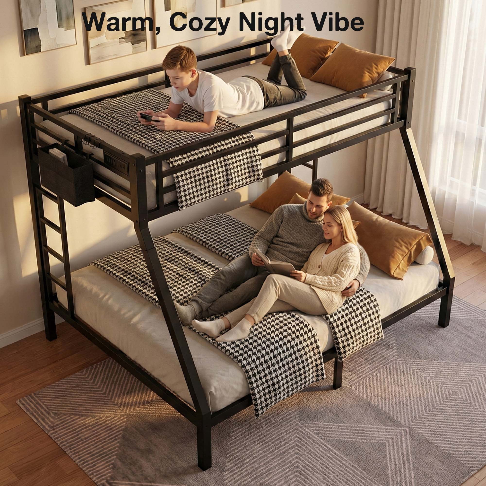Twin XL Over Queen Metal Bunk Bed Frame with Charging Station, Storage Bag for Adult Bunk Bed, Black
