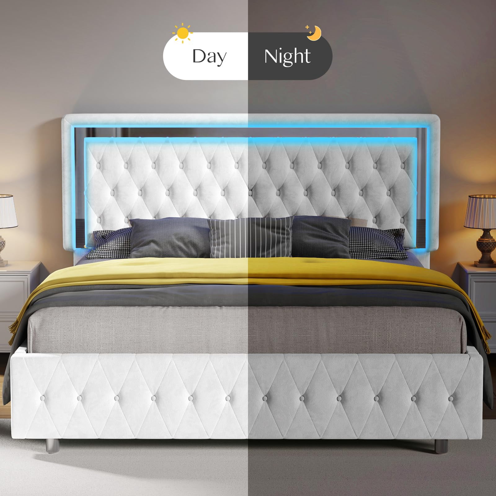 Merluxy Velvet Upholstered Bed Frame with LED Lights Headboard/No Box Spring Needed,Full,White