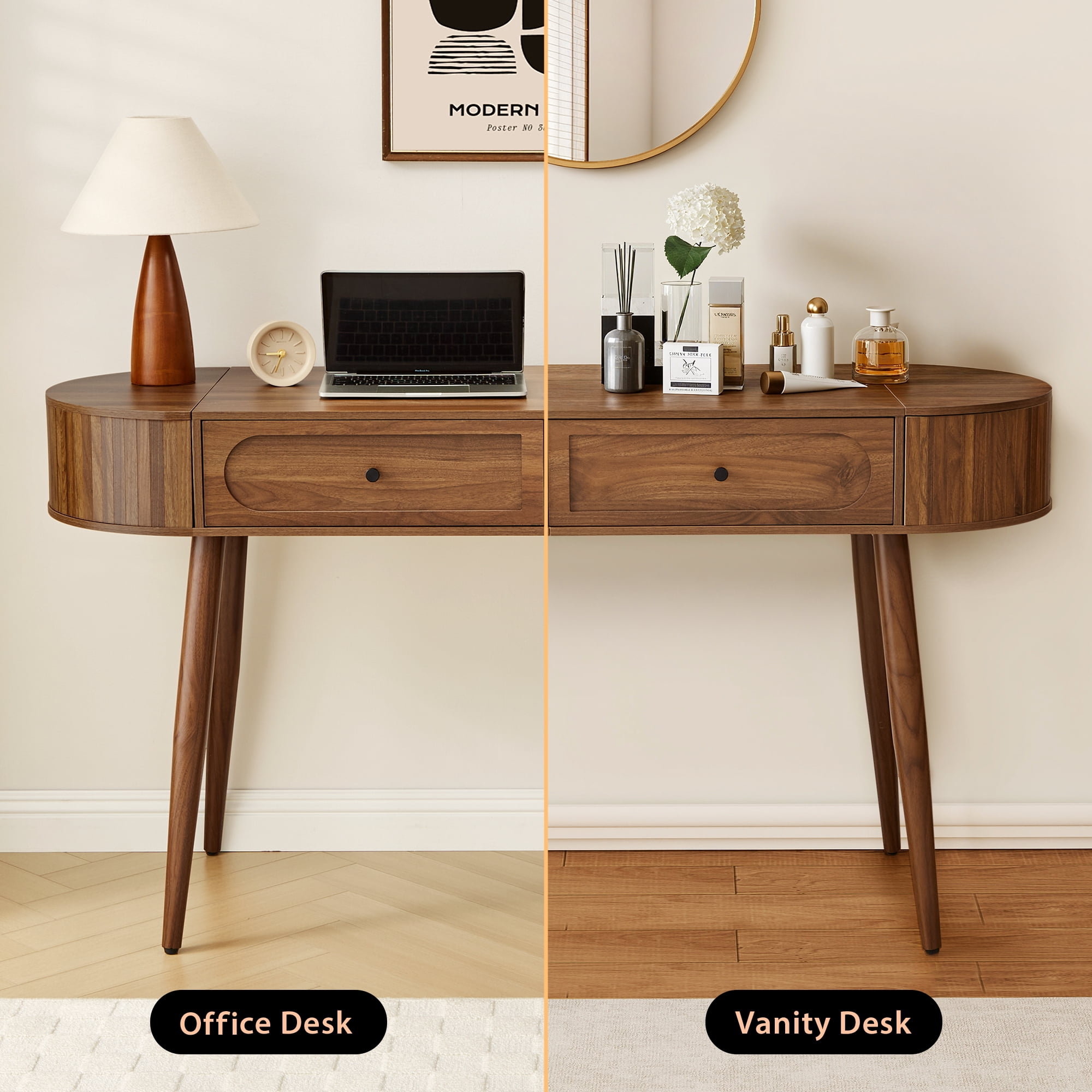 YOCWO Modern Home Office Desk with 2 Drawers and 2 Flip-top Storage, Oval Computer PC Desk Table, Vanity Desk with Fluted Curved Table Edge, Walnut