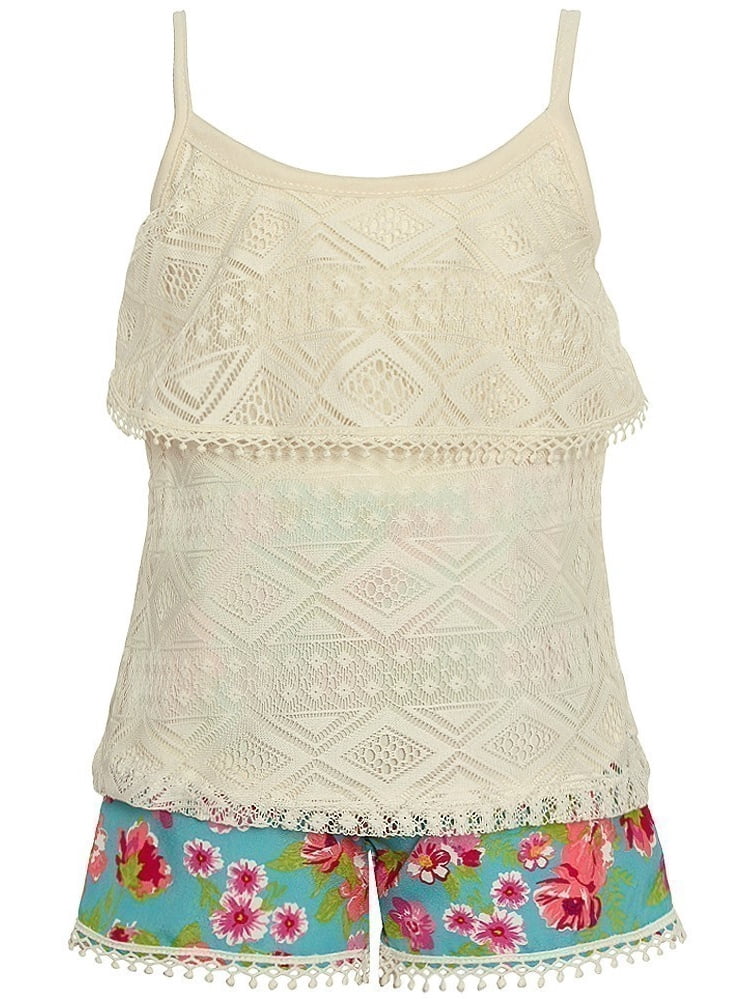 Real Love Little Girls Ivory Lace Camisole Top Floral 2 Pc Shorts Set