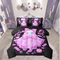 Manfei Black Pink Ghost Bedding Comforter Set 7-Piece, Cute Pumpkin Candy King Bedding Sets, Princess Cartoon Style Reversible Bed Sheets, Ultra Soft Home Decor