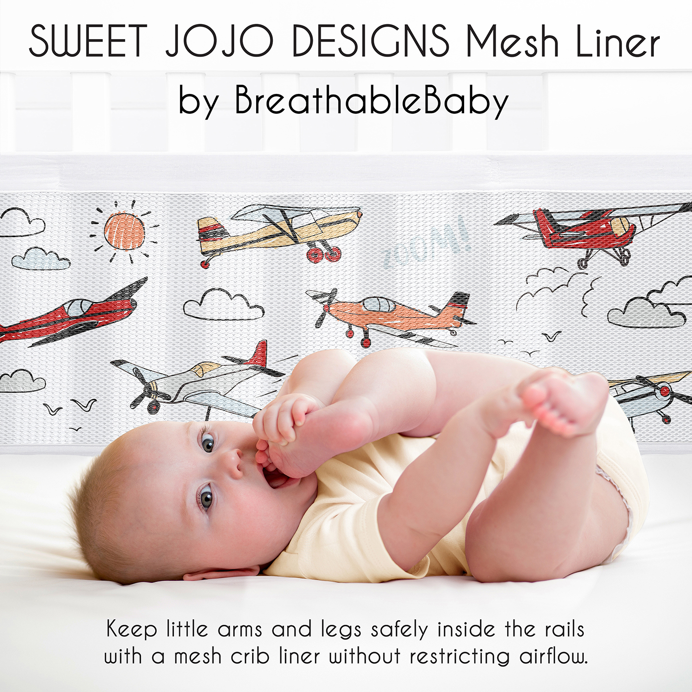 Sweet Jojo Designs + BreathableBaby Airplane Red Blue and White Breathable Mesh Crib Liner Pad