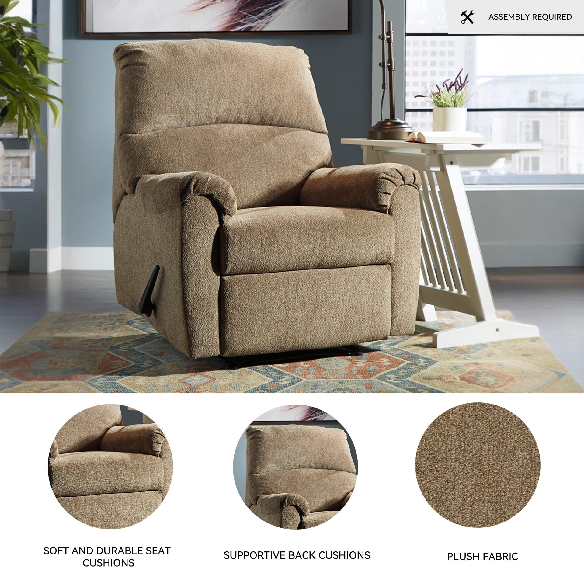 Signature Design by Ashley Nerviano Zero Wall Recliner, Mocha Textured Fabric, Space-Saving Wall Hugger Reclining Chair for Small Spaces Living Room