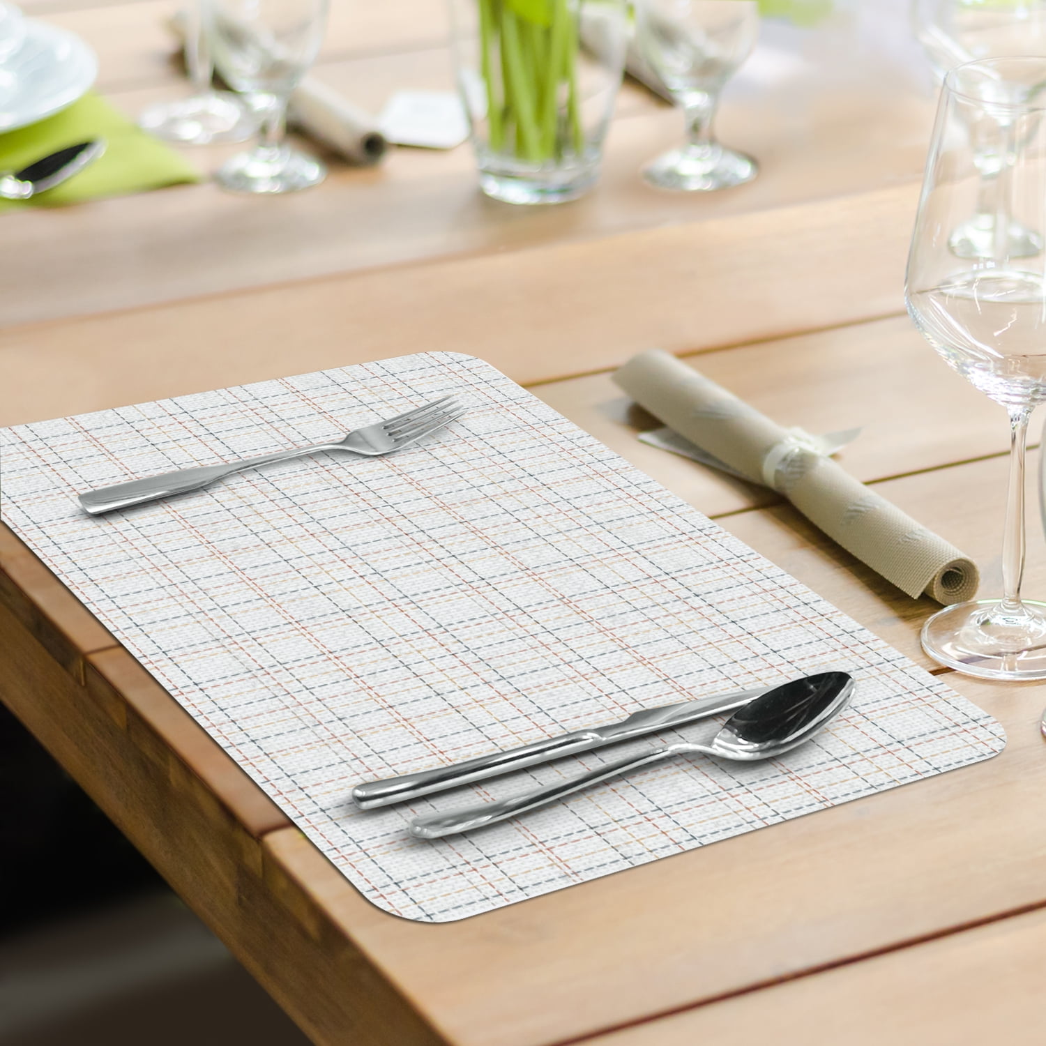 Conimar Woven Plaid Reversible Individual Table Placemat, 17.13" x 11.25", Tan, Flexible Plastic