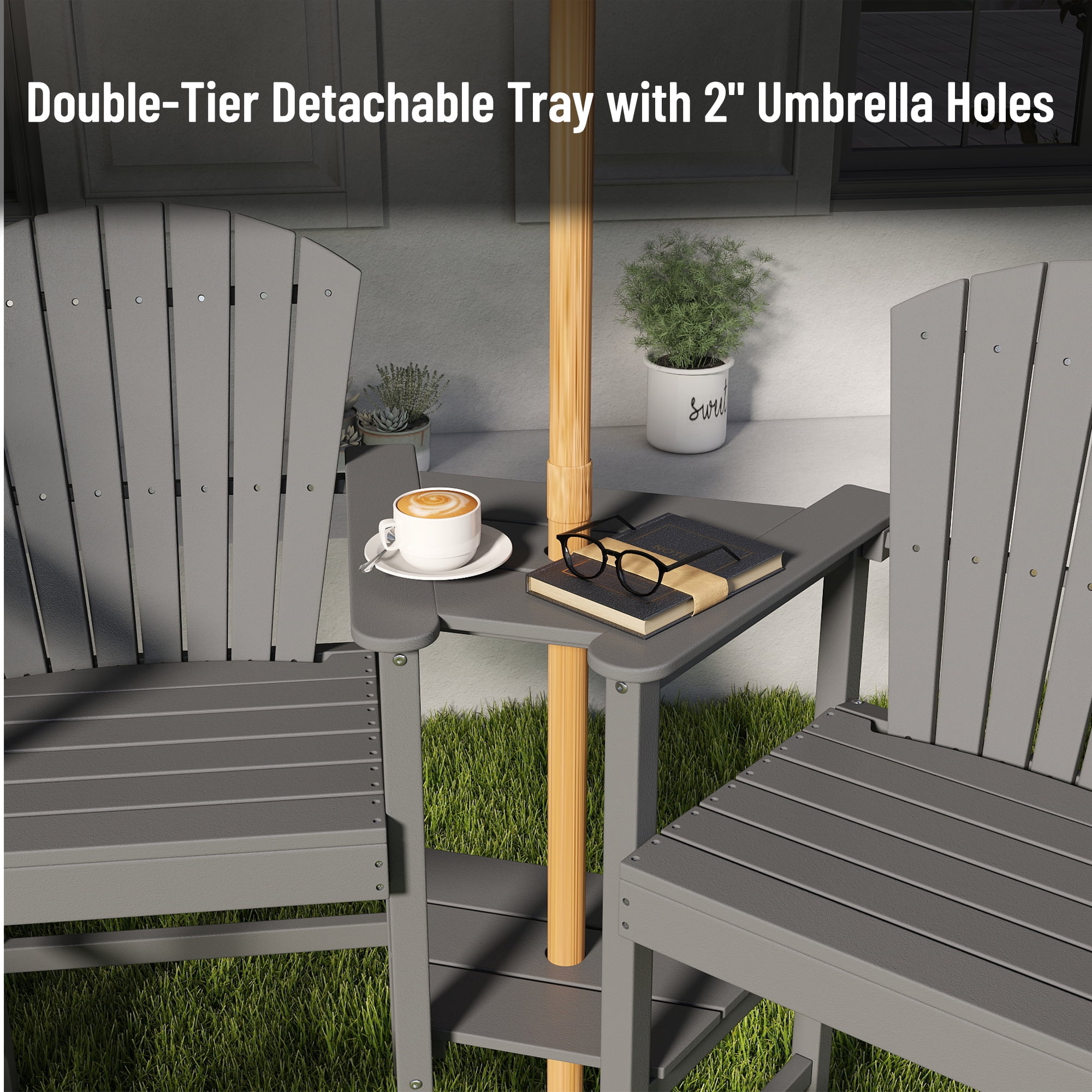 Tall Adirondack Chair Set of 2, HDPE Balcony Chair with Double Connecting Tray, Outdoor Weather Resistant Adirondack Chair, Gray