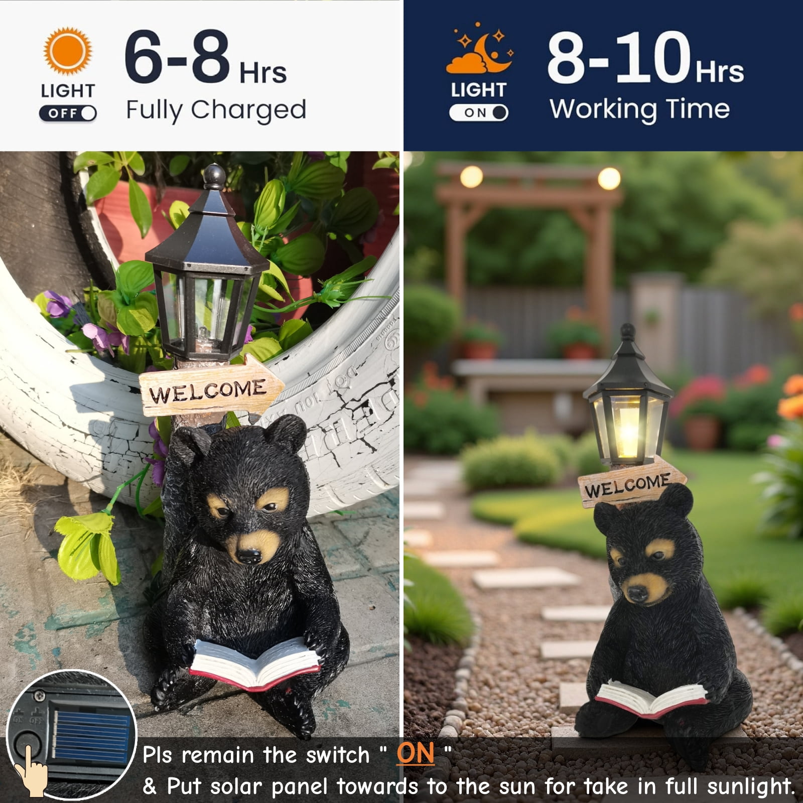 Outdoor Decor Bear Statues with Welcome Sign, Resin Bear Sculpture for Yard Patio Porch, Solar Animal Figurine Light Garden Decoration