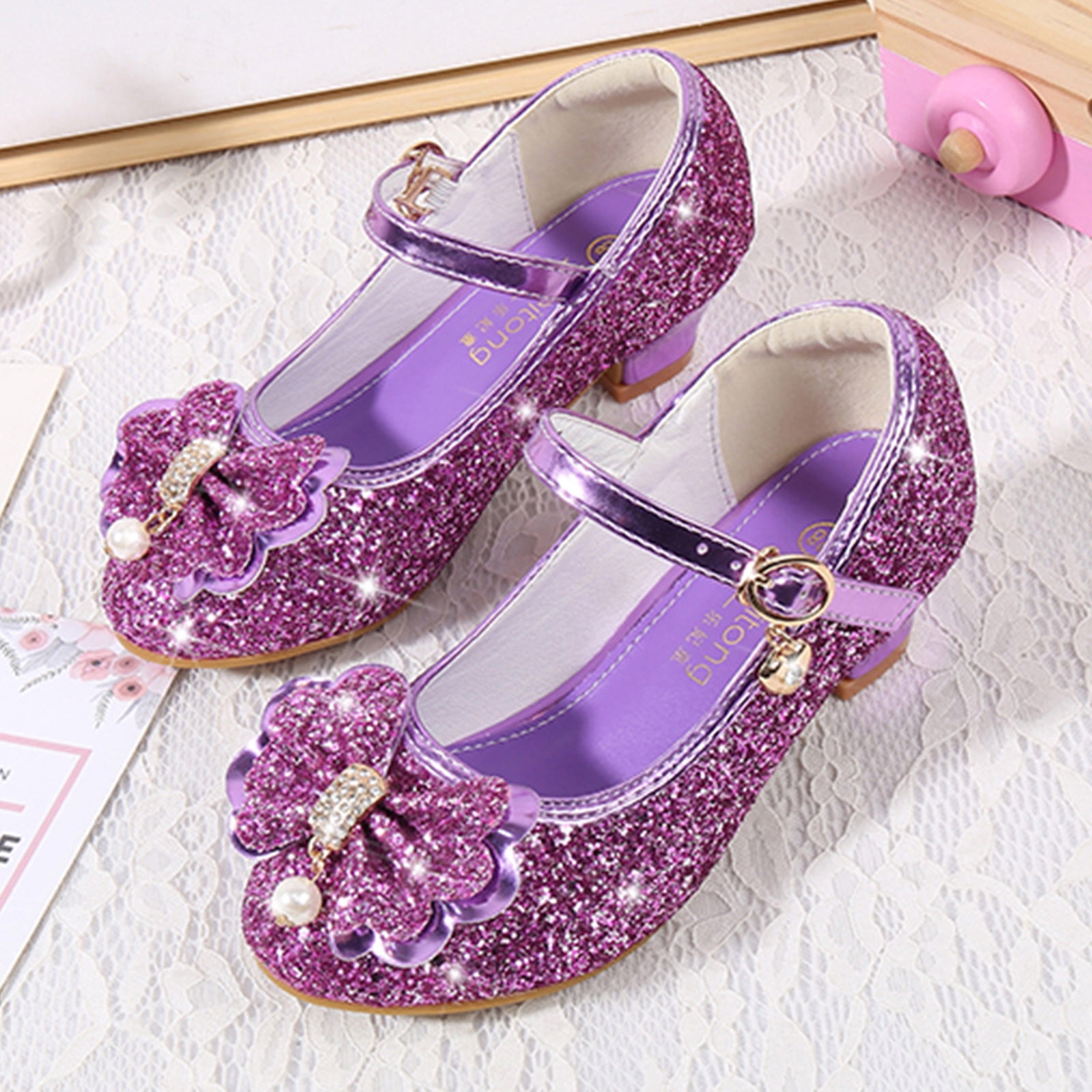 Dyfzdhu 49Y Toddler Girls Sandals Kids Dress Pumps Glitter Sequins Princess Bowknot Low Heels