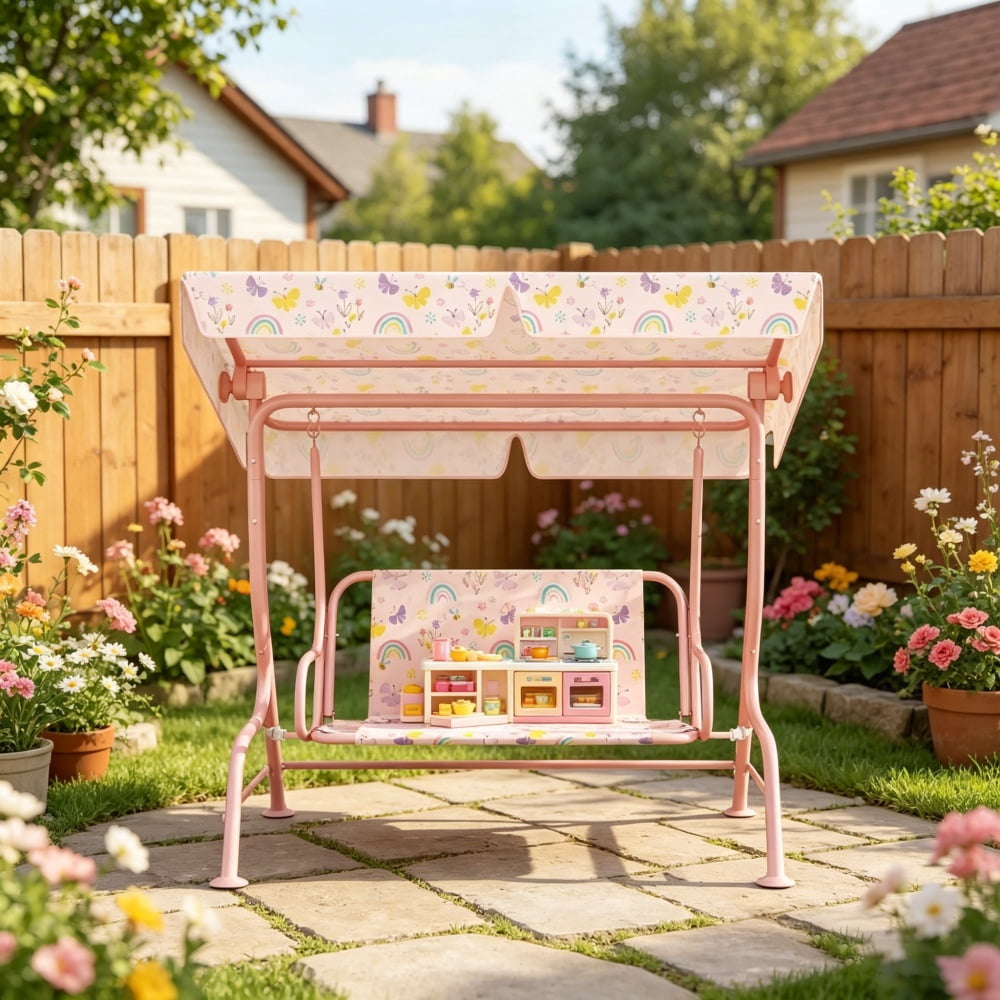 Pink Kids Swing Chair with Adjustable Canopy - Heavy-Duty Steel Frame, 132lbs Capacity for 3-6 Years Old