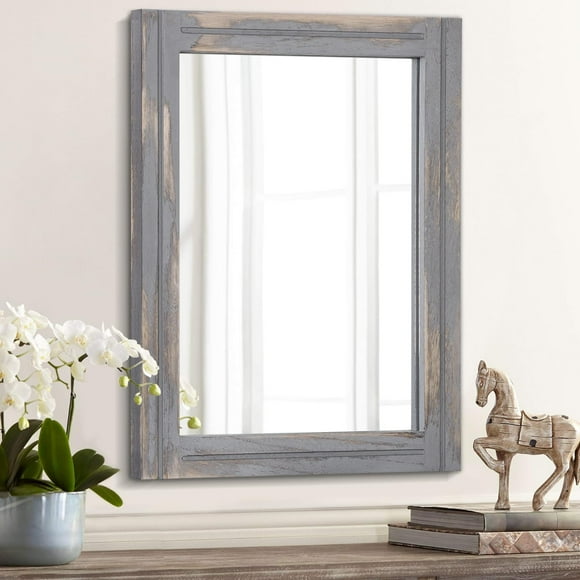 ERDS-Rustic Wood Mirror Rectangle Wall Mirror with Framed Bedroom Living Room Bathroom Hanging Mirror Grey