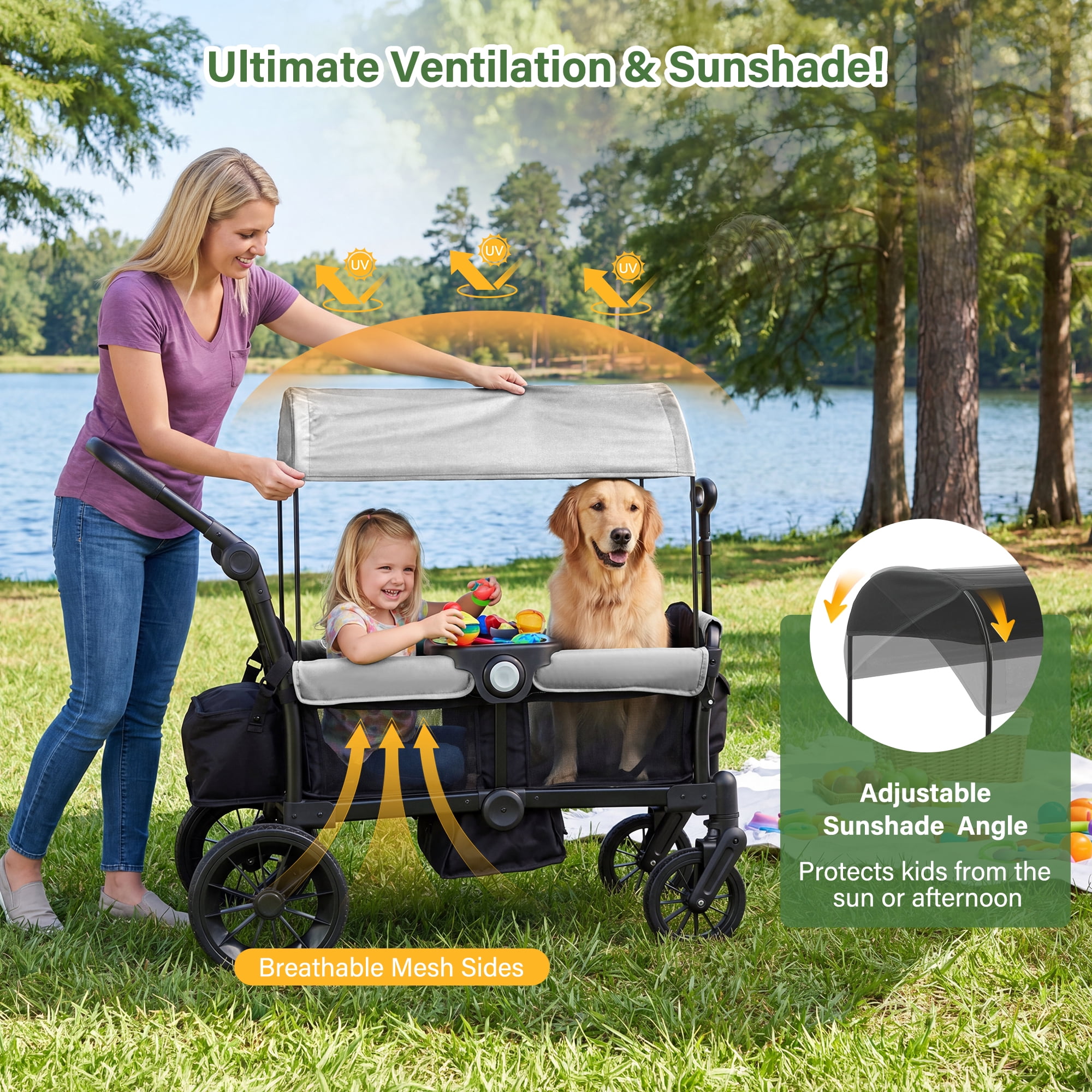 Bobiber Collapsible Wagon Stroller 2 Seater with 3-Point Harnesses, Canopy, Storage Bag, Adjustable Handlebar, 2 Cup Holders, Gray
