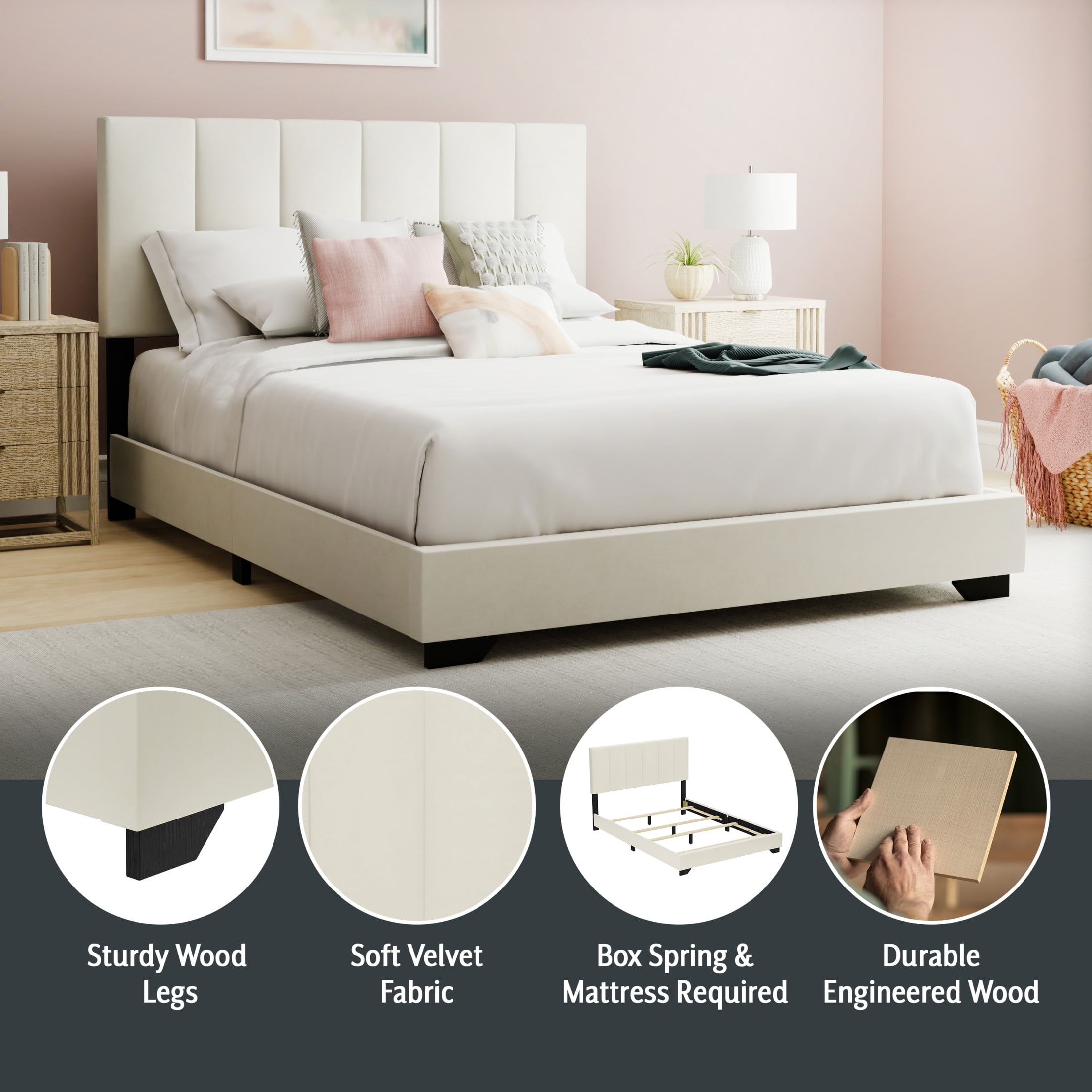 Reece Channel Stitched Upholstered Full Bed, Ivory, by Hillsdale Living Essentials