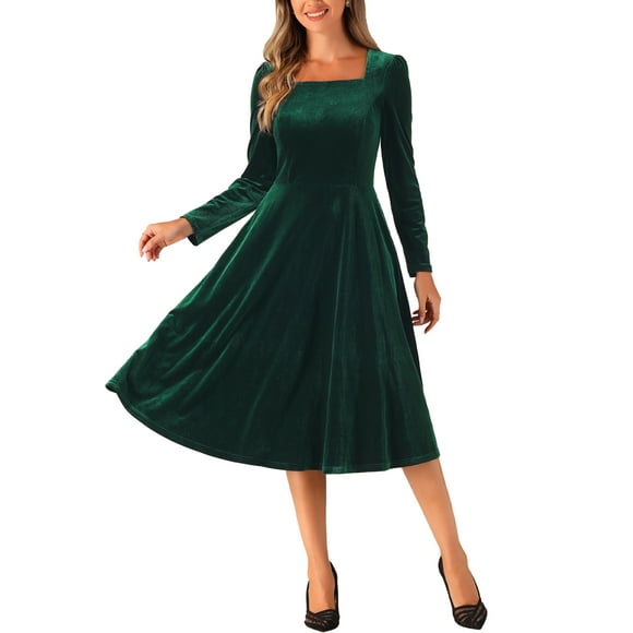 Unique Bargains Square Neck Dress for Women's Midi Pocket High Waist Puff Long Sleeve Elegant Velvet Dresses Dark Green S